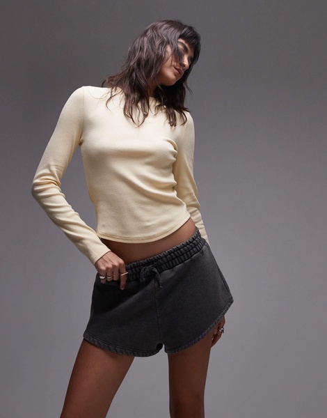 Topshop rib curve hem long sleeve tee in washed lemon