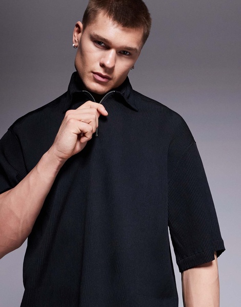 ASOS DESIGN overhead boxy plisse regular shirt in black