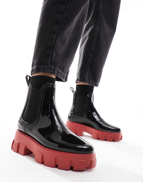 ASOS DESIGN Giana chunky chelsea rain boots in black and red