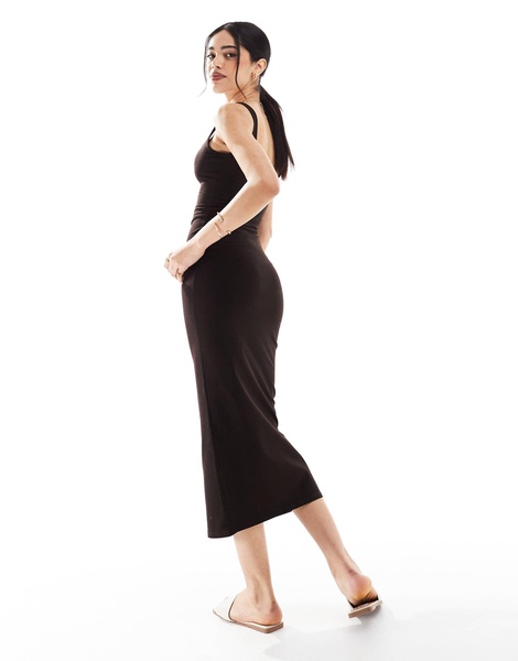 Bershka square neck midaxi dress in brown