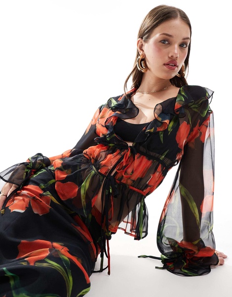 ASOS DESIGN long sleeve chiffon ruffle tie top in floral print - part of a set