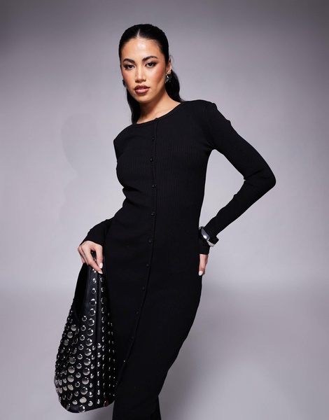 River Island Long Sleeve Button Up Midi Dress in black