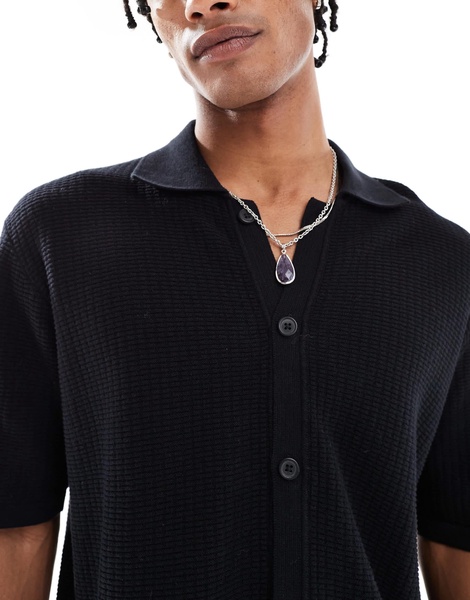 Bershka button up knit shirt in black