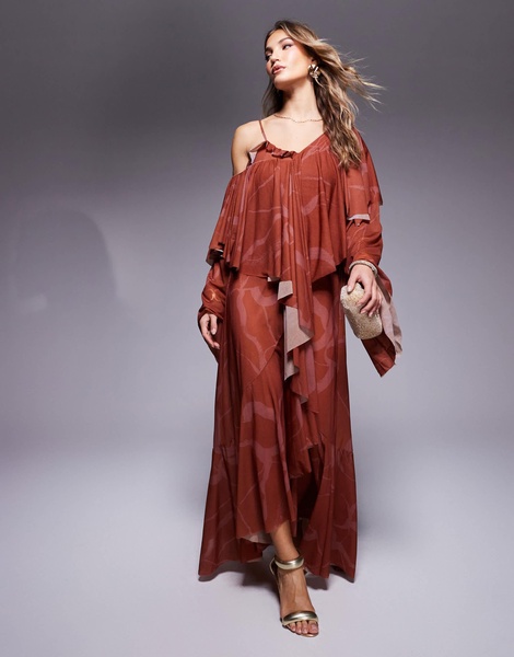 ASOS DESIGN volume off the shoulder maxi dress with oversized ruffles in rust abstract print