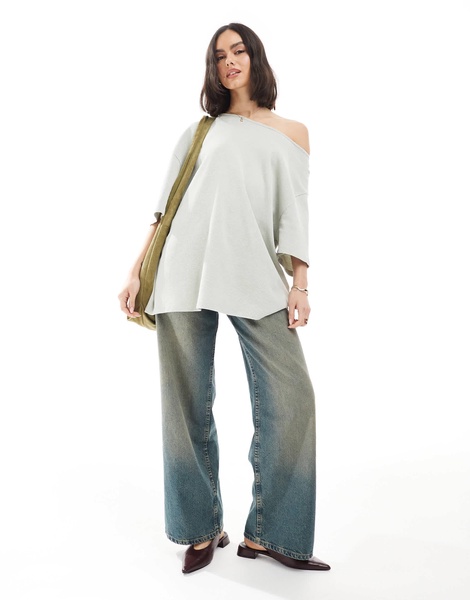 ASOS DESIGN waffle knit off the shoulder relaxed t-shirt in washed sage