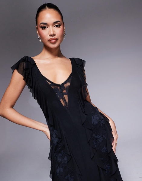 AFRM Trista mesh ruffle maxi dress with lace panels in black