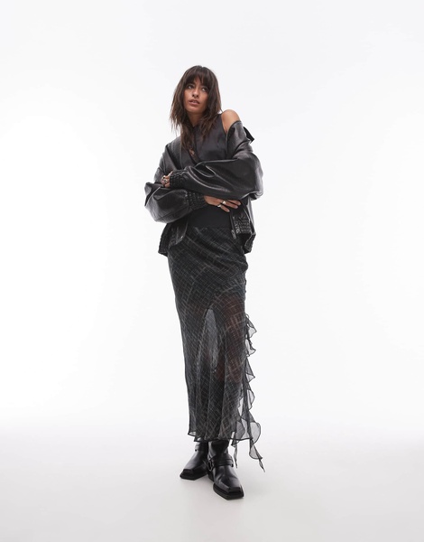 Topshop sheer panel bias maxi skirt with ruffle in grungy check