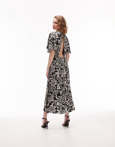 Topshop Austin mono print angel sleeve occasion midi dress in multi