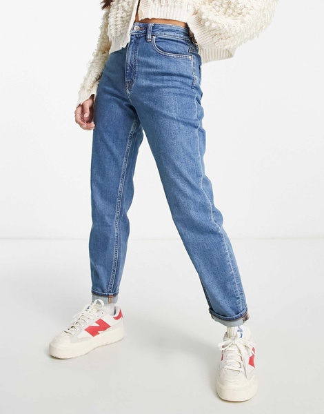 ASOS DESIGN Petite slim mom jeans in mid blue