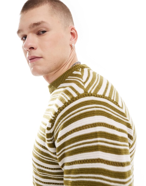 Another Influence striped round neck sweater in khaki