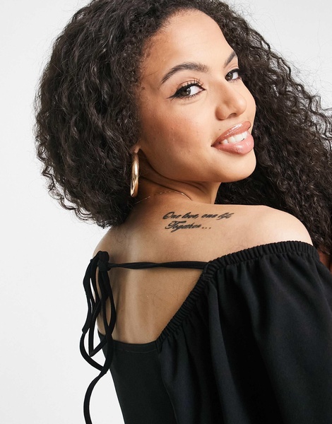 ASOS DESIGN volume sleeve off shoulder wrap tie blouse in black