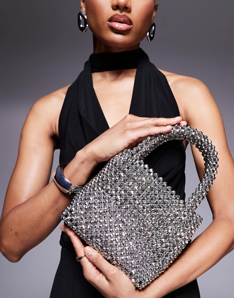 River Island beaded grab bag in silver
