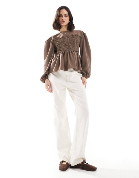 ASOS DESIGN shirred waist top in stone