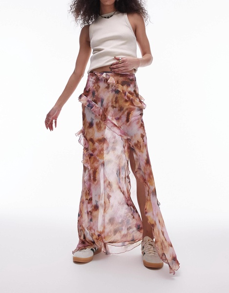 Topshop Ruffle Sheer Maxi Skirt in splodge tie dye