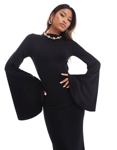 ASOS DESIGN wide sleeve midi dress with cross back detail in black