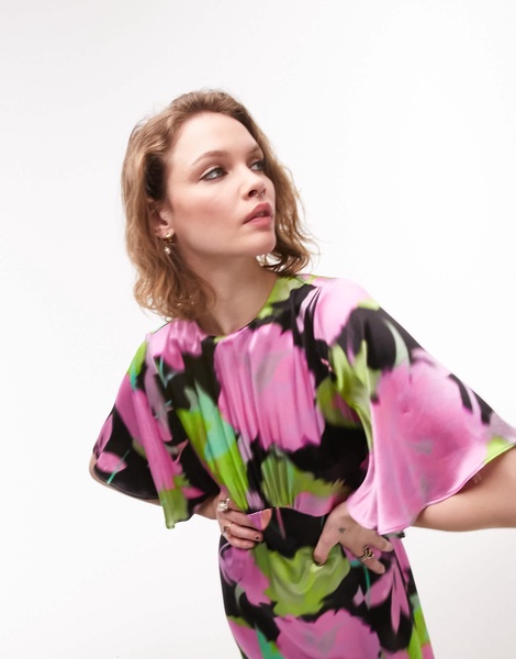 Topshop Austin bold floral print angel sleeve midi occasion dress in multi