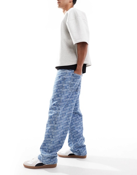 Bershka printed baggy jean in blue