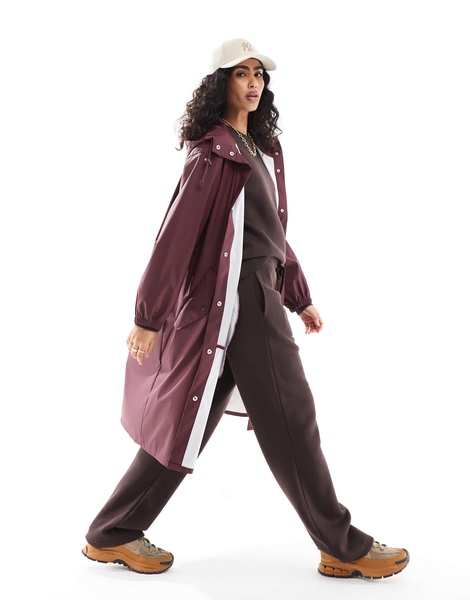 ASOS DESIGN rubberized rain parka coat in burgundy