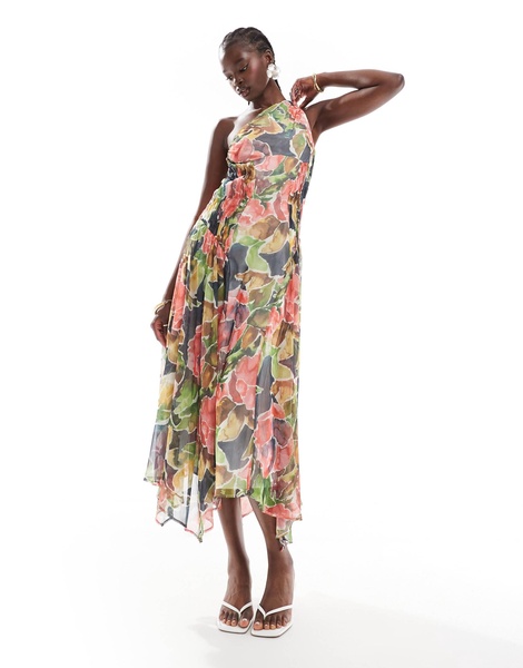 ASOS DESIGN one shoulder ruched side panel midi dress in floral print
