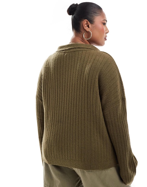 Brave Soul Plus V-neck polo sweater in khaki