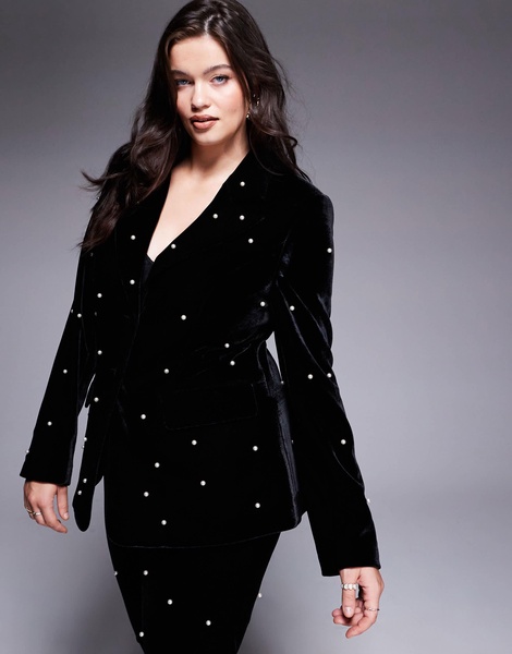 ASOS LUXE Curve pearl embellished velvet blazer in black - part of a set