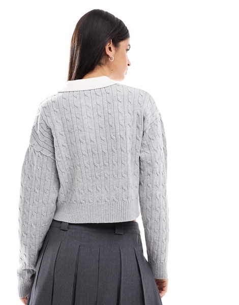 Bershka cable knit contrast collar sweater in gray & ecru