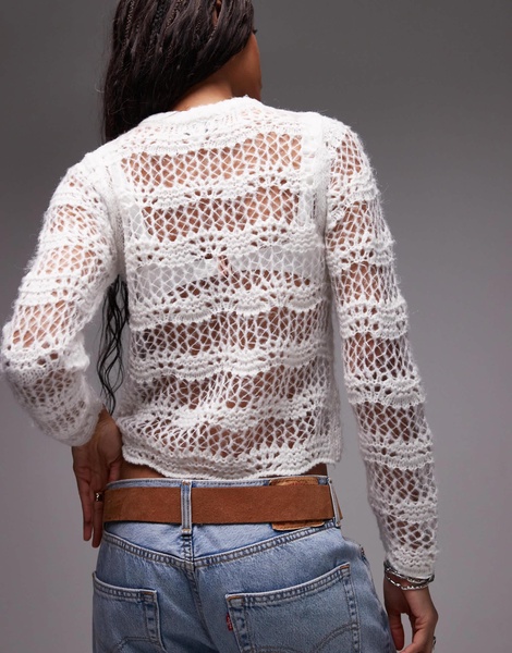 Topshop knit pointelle button cardigan in ivory