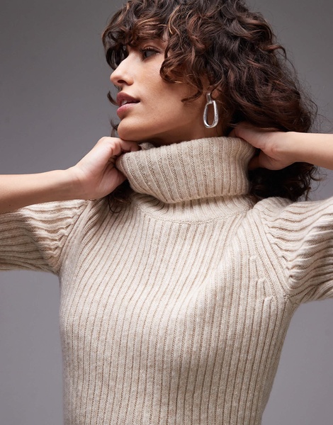 ARKET premium wool and cotton blend soft knit ribbed short sleeve sweater with roll neck in light beige - part of a set
