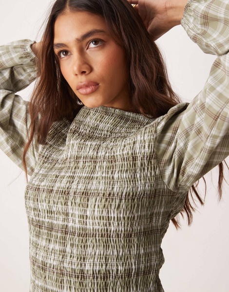 ASOS DESIGN shirred slash neck blouse in green plaid