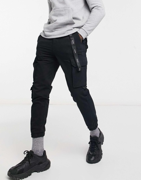 Bershka cargo pants with key chain in black