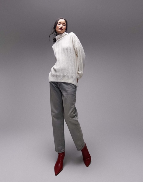 Topshop knitted chunky rib oversized funnel sweater in ivory