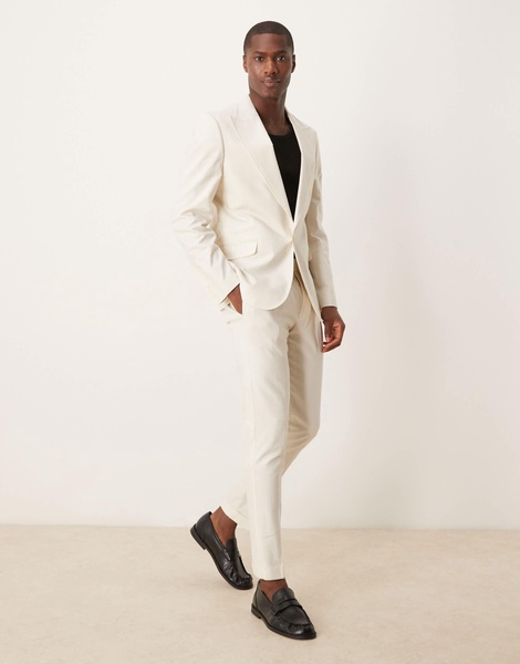 ASOS DESIGN skinny suit jacket with linen in cream