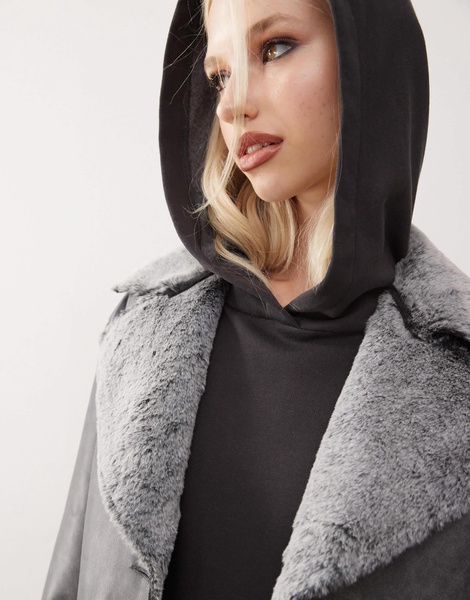Reclaimed Vintage faux suede coat with faux fur trim