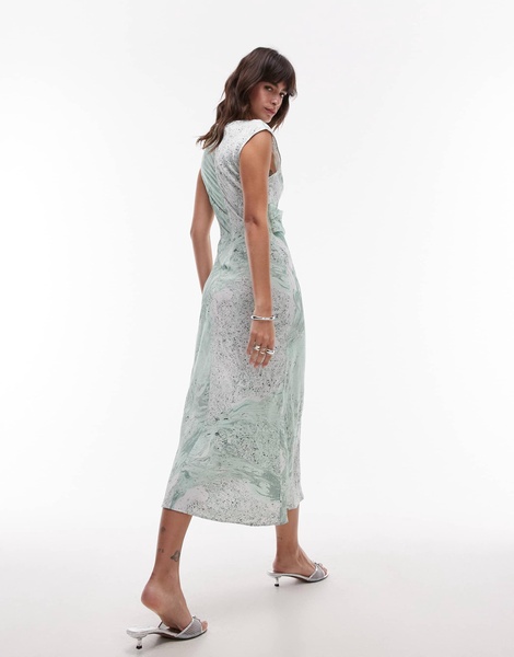 & Other Stories bias cut satin midi dress with drape detail in green oil print