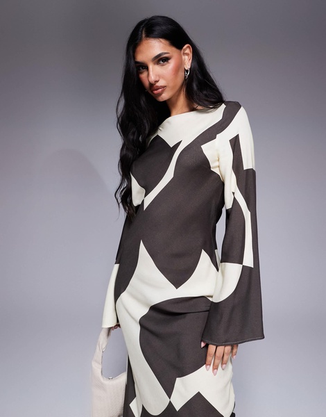 ASOS DESIGN biased slash neck maxi dress in brown abstract print