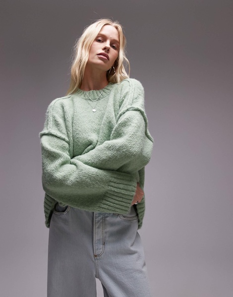 Topshop knit fluffy ribbed detail exposed seam crew oversized sweater in light green
