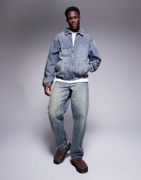 ASOS DESIGN denim bomber jacket in mid wash blue