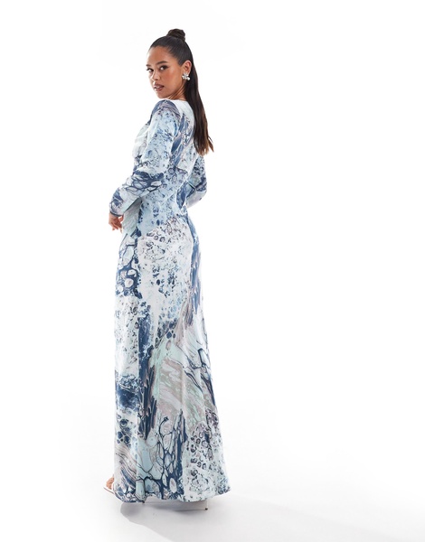 ASOS DESIGN cowl neck satin chiffon mix long sleeve maxi dress in marble abstract print