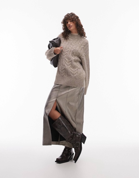 Topshop knit fluffy oversized cable sweater in oat