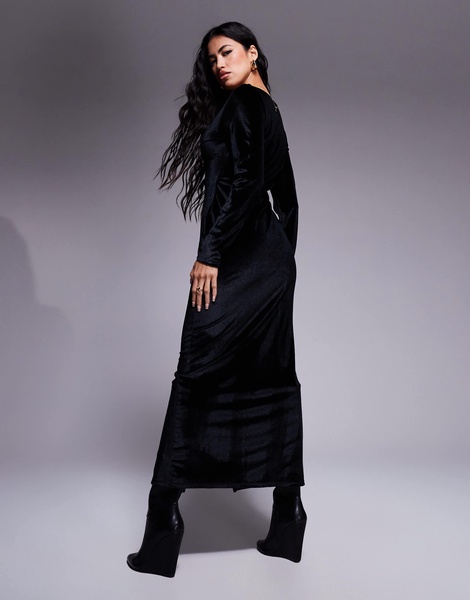 ASOS DESIGN velvet long sleeve v neck midi swing dress in black