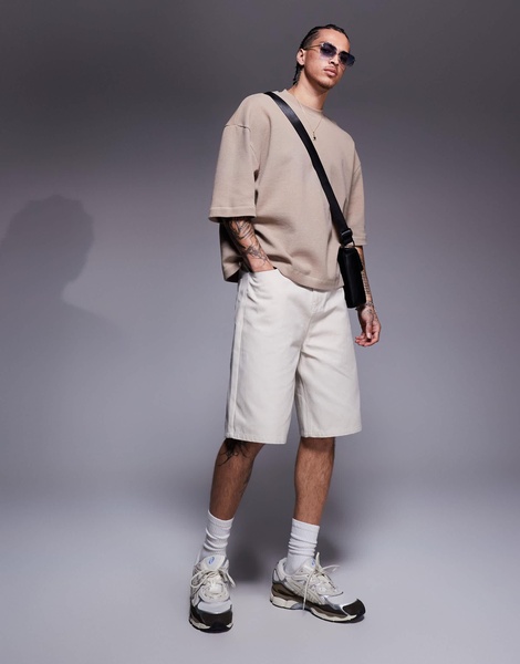 ASOS DESIGN oversized boxy half sleeve waffle T-shirt in brown