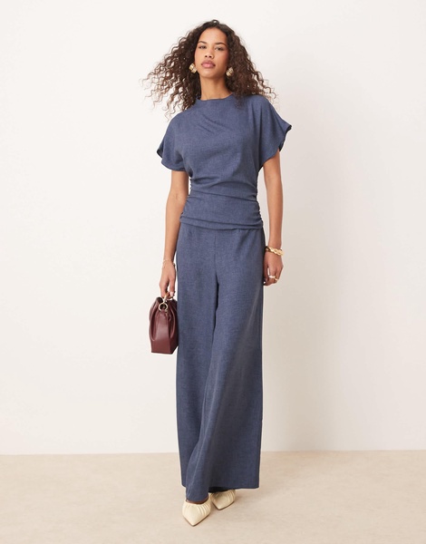 ASOS DESIGN linen look open back and ruched detail jumpsuit in navy
