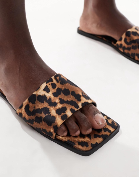 ASOS DESIGN Fig square toe flat mule sandals in leopard satin