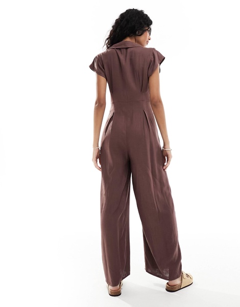 ASOS DESIGN collared linen button up jumpsuit in chocolate