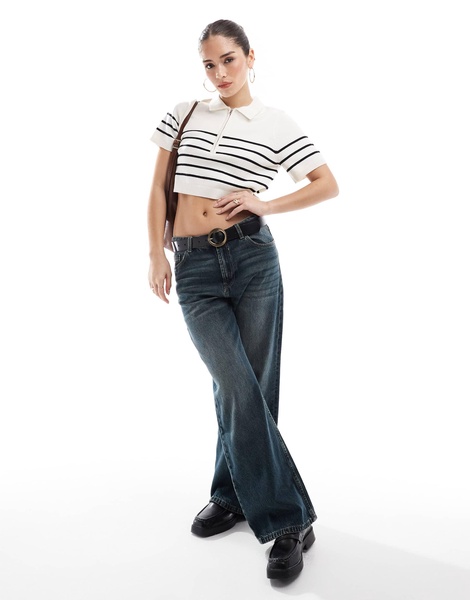 Brave Soul cropped knit t-shirt with collar in cream and black stripe