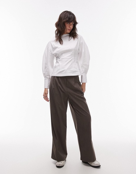 Topshop poplin barrel sleeve cinch top in white