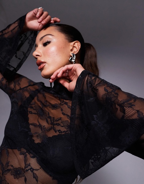 ASOS DESIGN fluted cuffs lace mock neck top in black
