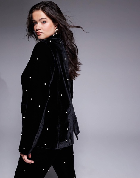 ASOS LUXE Curve pearl embellished velvet blazer in black - part of a set