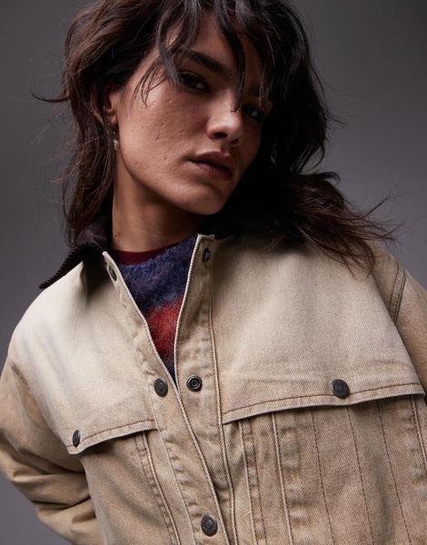 Topshop denim barn jacket with cord collar in beige