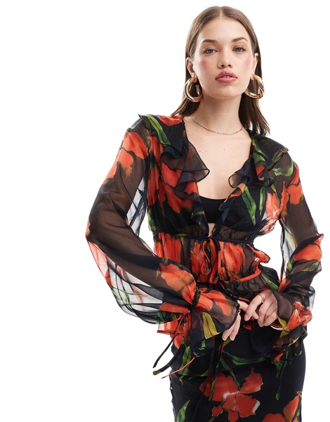 ASOS DESIGN long sleeve chiffon ruffle tie top in floral print - part of a set